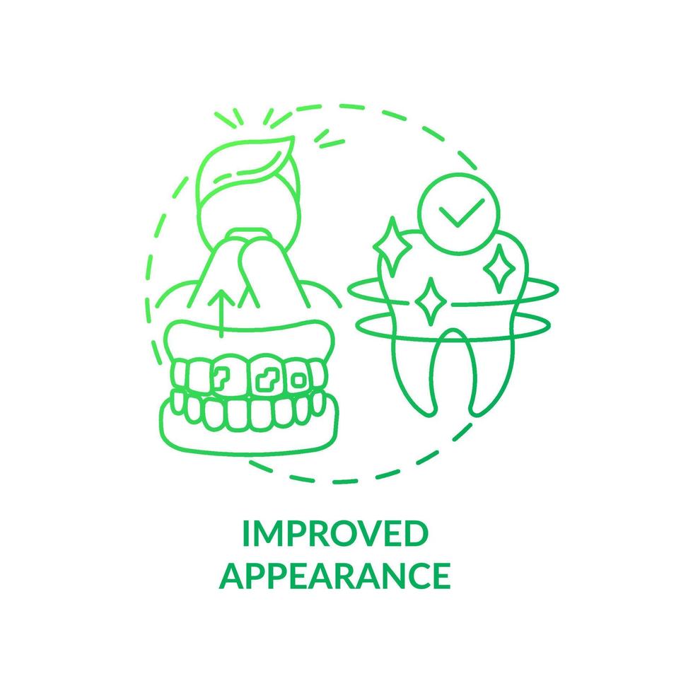 Improved appearance green gradient concept icon. Cosmetic dentistry benefit abstract idea thin line illustration. Defective teeth treatment. Isolated outline drawing. Myriad Pro-Bold font used vector