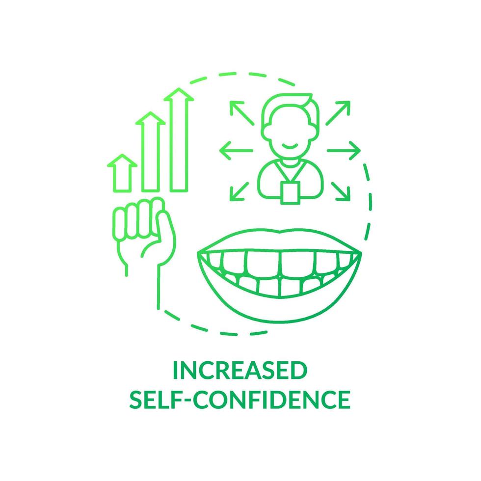 Increased self confidence green gradient concept icon. Aesthetic dentistry abstract idea thin line illustration. Improving smile and teeth strength. Isolated outline drawing. Myriad Pro-Bold font used vector