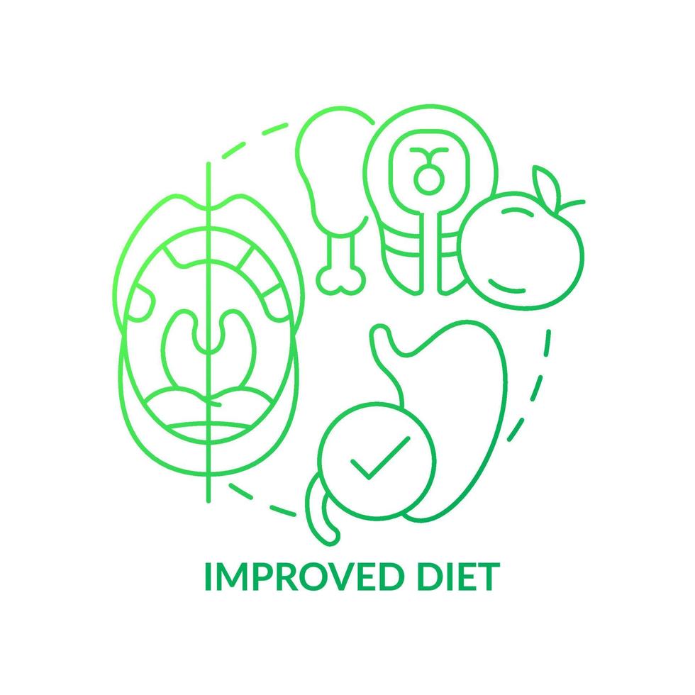 Improved diet green gradient concept icon. Tooth enhancement benefit abstract idea thin line illustration. Enhancing eating habits. Isolated outline drawing. Myriad Pro-Bold font used vector