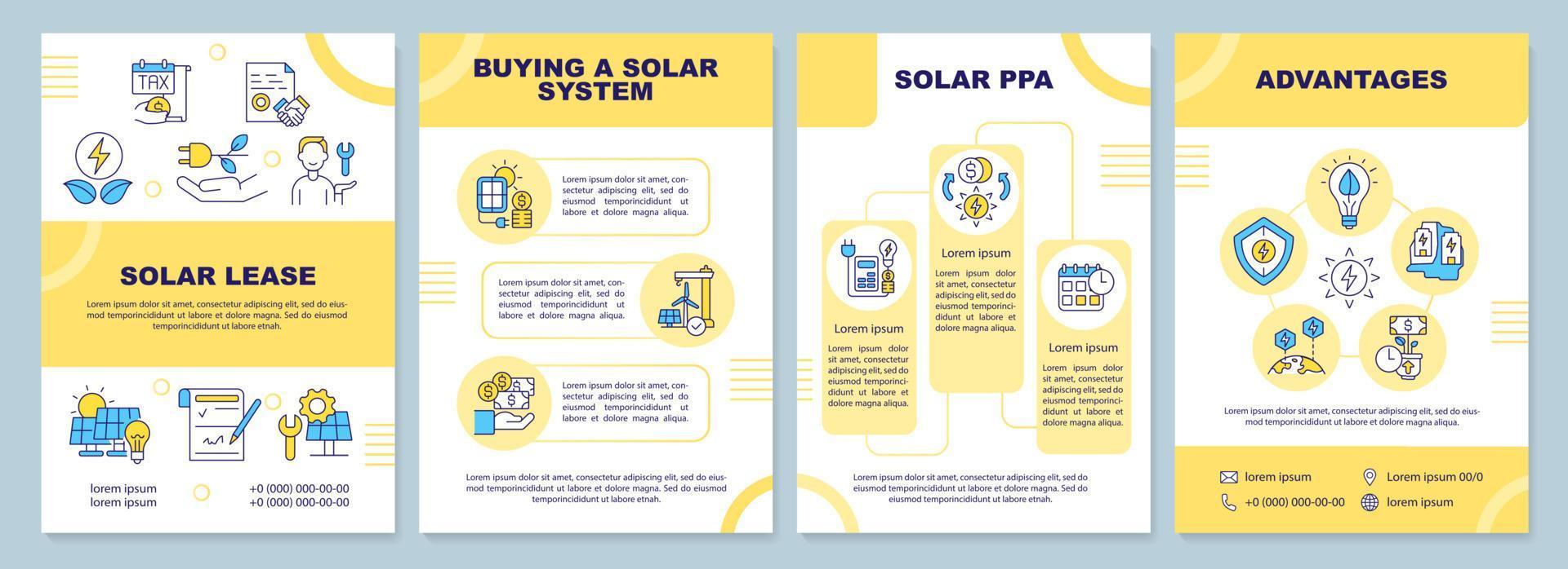 Ways to get solar energy yellow brochure template. Sustainable power. Leaflet design with linear icons. 4 vector layouts for presentation, annual reports. Arial-Black, Myriad Pro-Regular fonts used