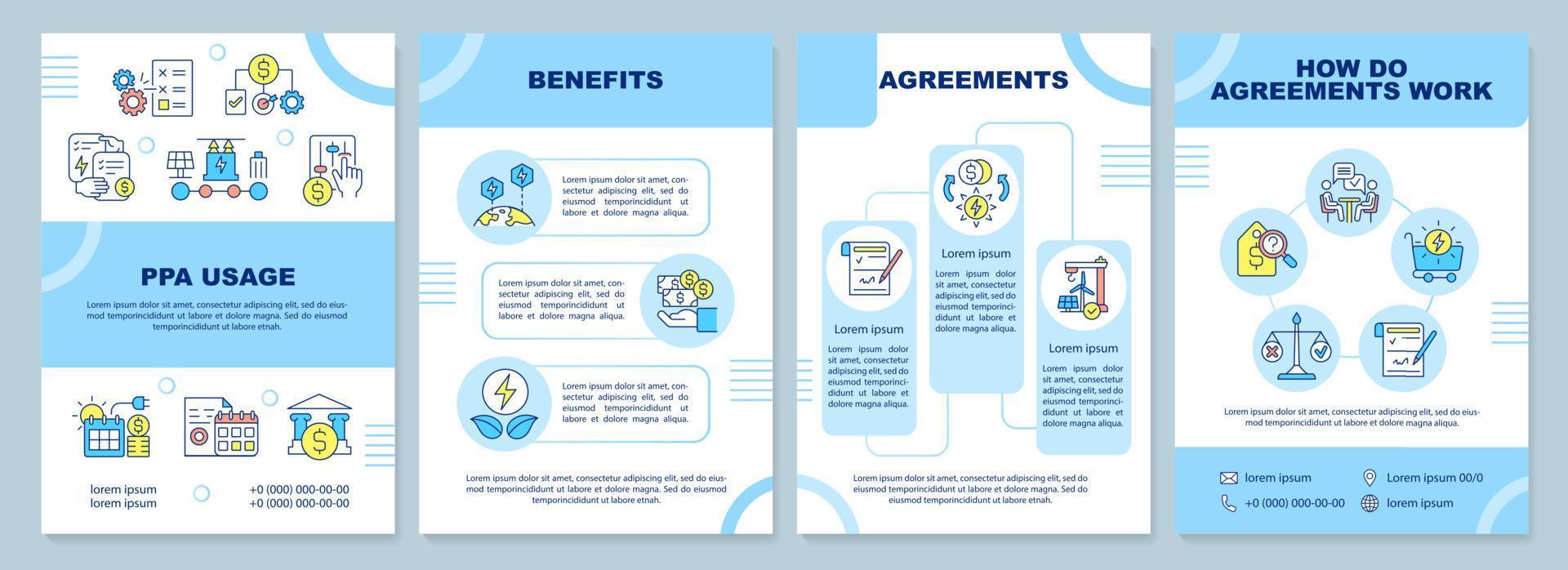 PPA usage blue brochure template. Agreement benefits and work. Leaflet design with linear icons. 4 vector layouts for presentation, annual reports. Arial-Black, Myriad Pro-Regular fonts used