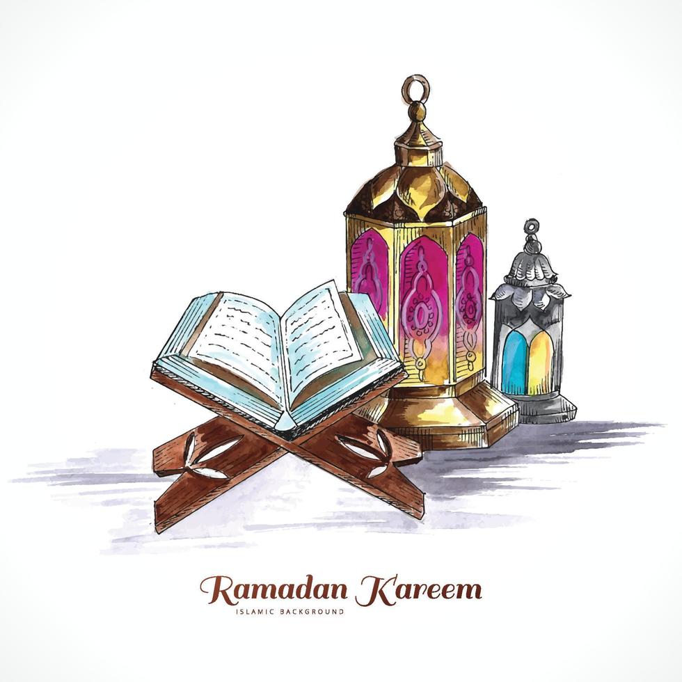 Holy book of the Koran on the stand with arabic lamps ramadan kareem card background vector