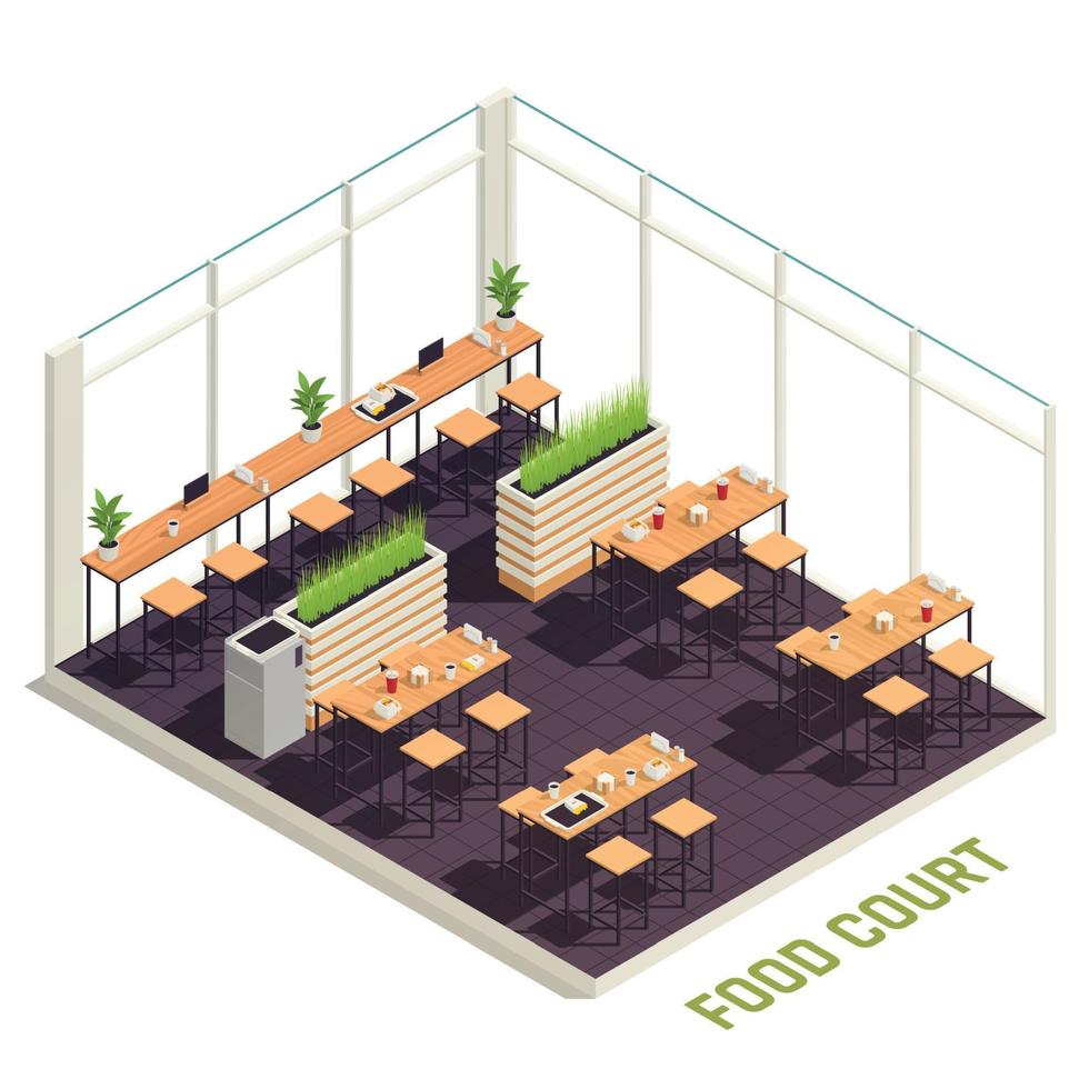 concepto de patio de comidas isométrica vector