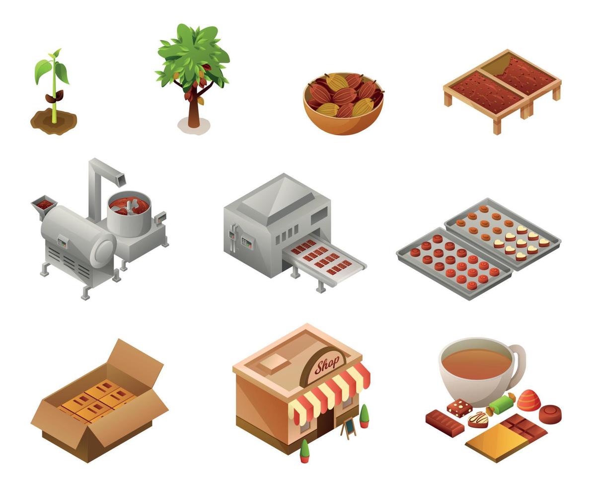 chocolate production isometric set vector