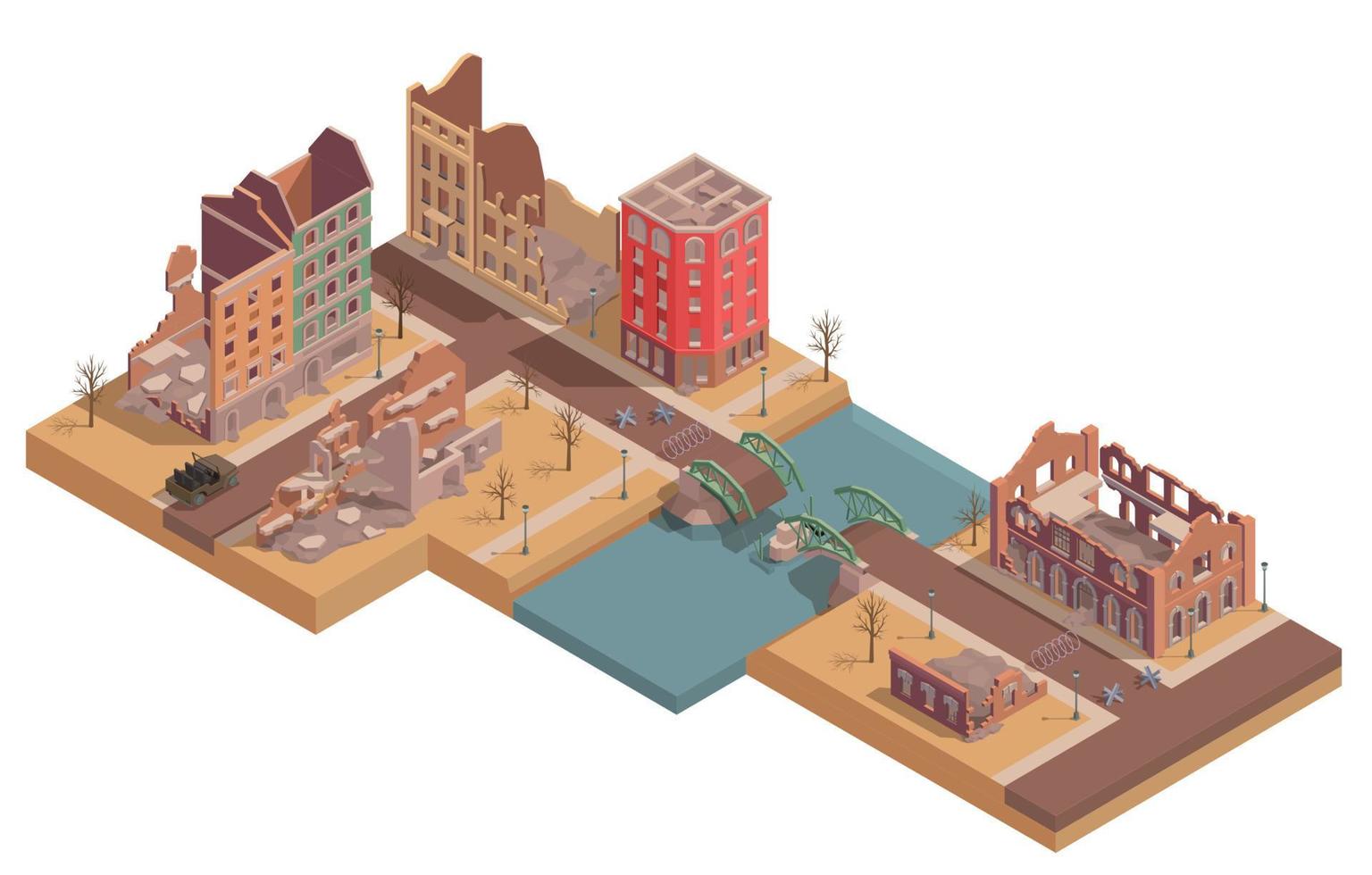 Ruined Destroyed Buildings Isometric vector