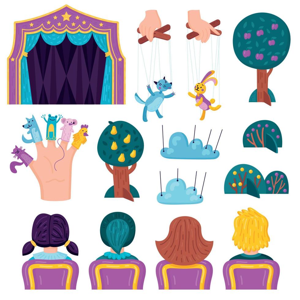 Puppet Theater Icon Set vector