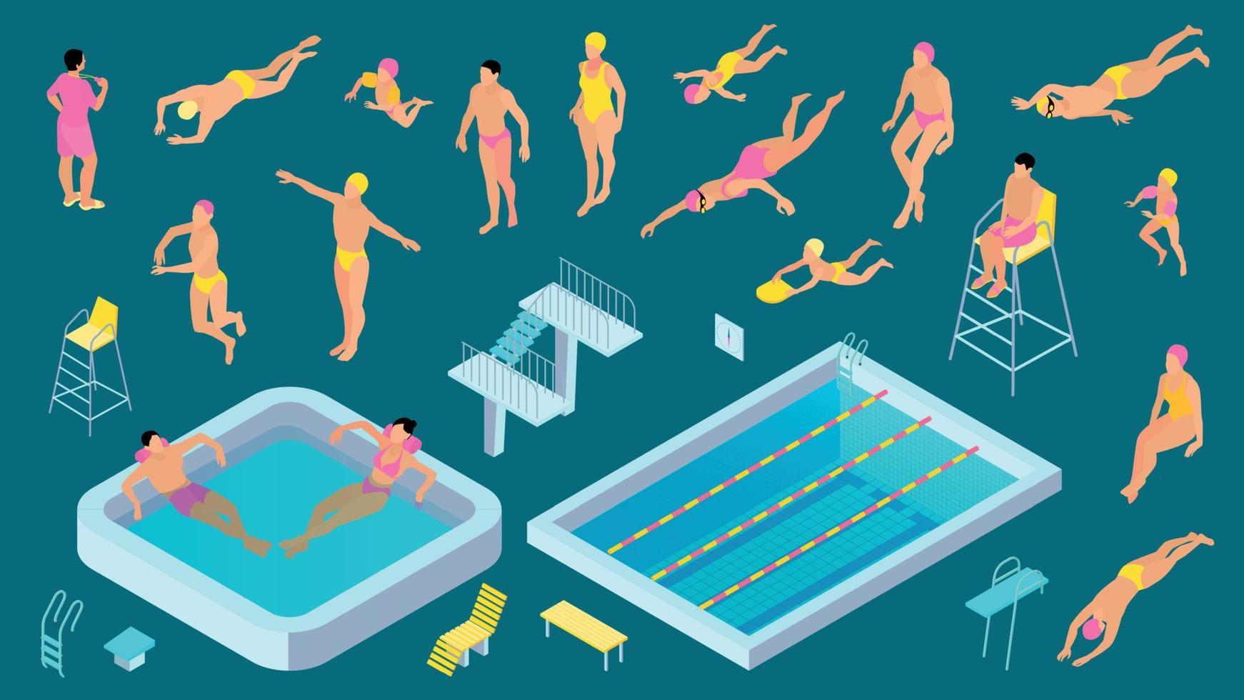 Isometric Swimming Pool Color Icon Set vector