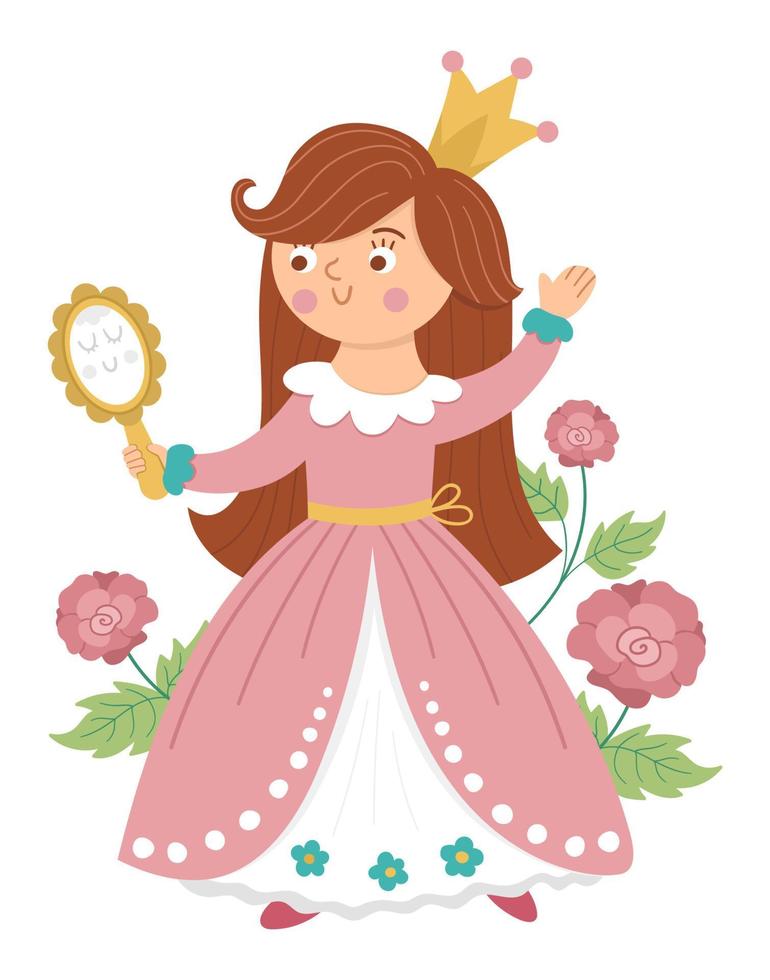 Fairy tale vector princess with mirror and roses. Fantasy girl in crown isolated on white background. Medieval fairytale maid in pink dress. Girlish cartoon magic icon with cute character.