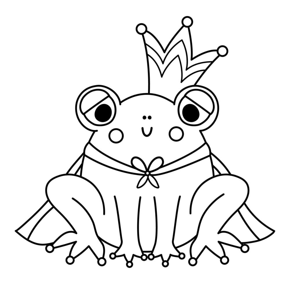 Fairy tale black and white frog prince with crown and mantle isolated on white background. Vector line fantasy animal in royal clothes. Medieval fairytale character or coloring page