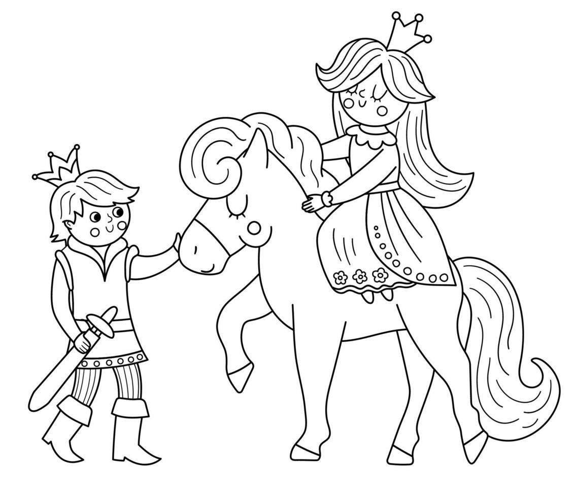 Fairy tale black and white prince with princess on a horse. Vector fantasy young line monarch in crown with girl. Medieval fairytale characters. Cartoon magic sovereign icon or coloring page