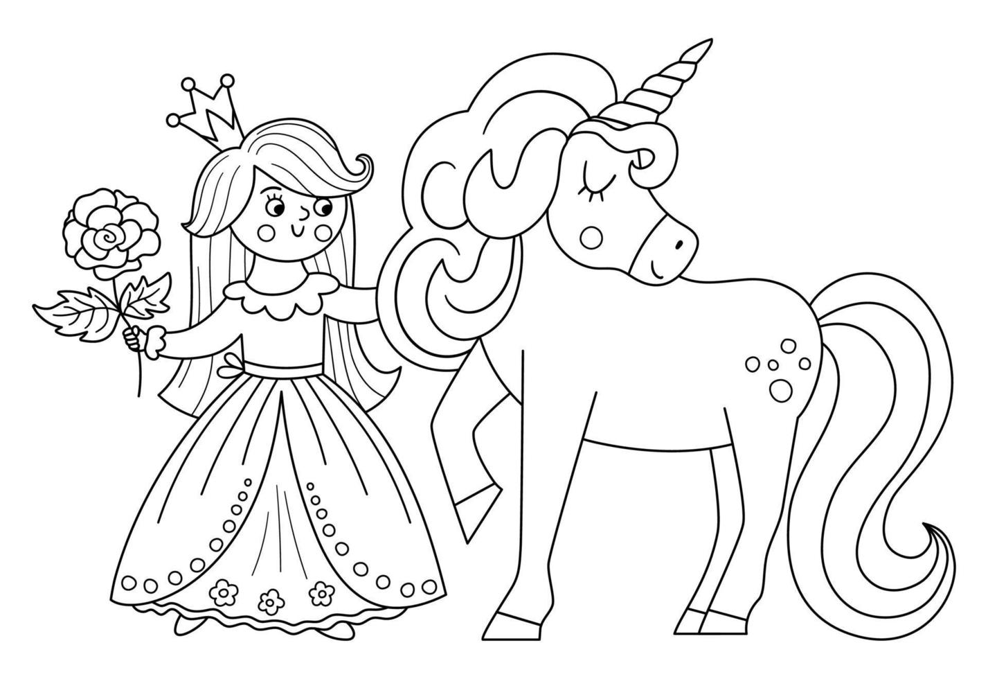 Fairy tale black and white vector princess with unicorn and rose. Fantasy girl in crown coloring page. Medieval line fairytale maid. Girlish cartoon magic icon with cute character.