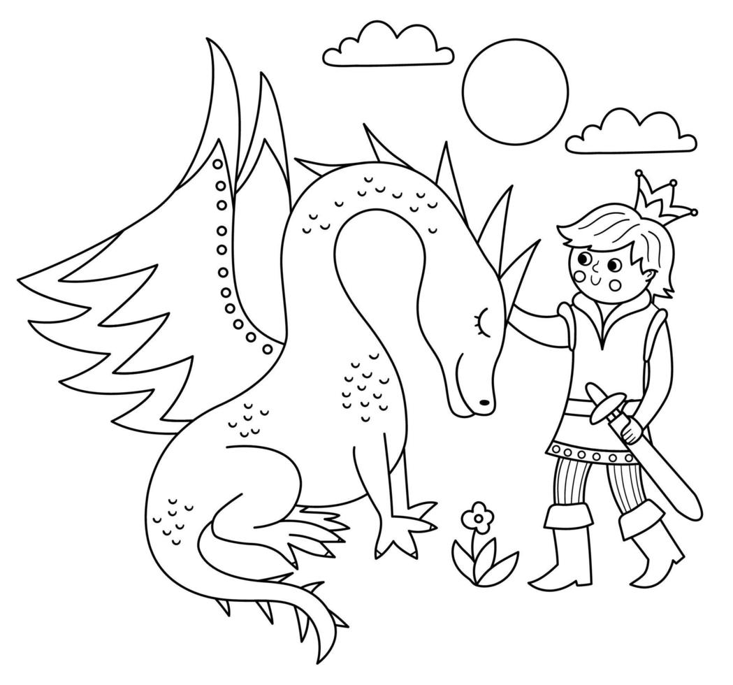 Fairy tale black and white prince with dragon coloring page. Vector line fantasy young monarch in crown with magic creature. Medieval fairytale characters. Cartoon magic sovereign icon