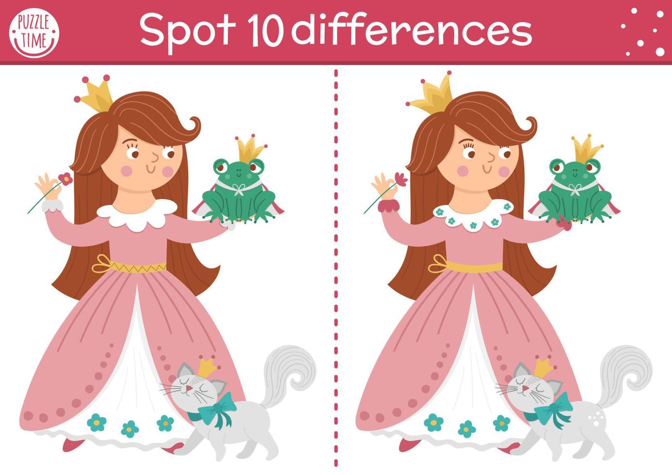 Find differences game for children. Fairytale educational activity with cute princess and frog prince. Magic kingdom puzzle for kids with fantasy character. Fairy tale printable worksheet or page vector