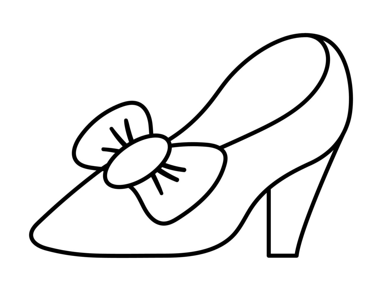 Zapatilla de mujer vectorial en blanco y negro con icono de colina y arco. ilustración de zapato de línea de cuento de hadas aislado sobre fondo blanco. Página para colorear de calzado o accesorio de princesa de cuento de hadas de dibujos animados vector