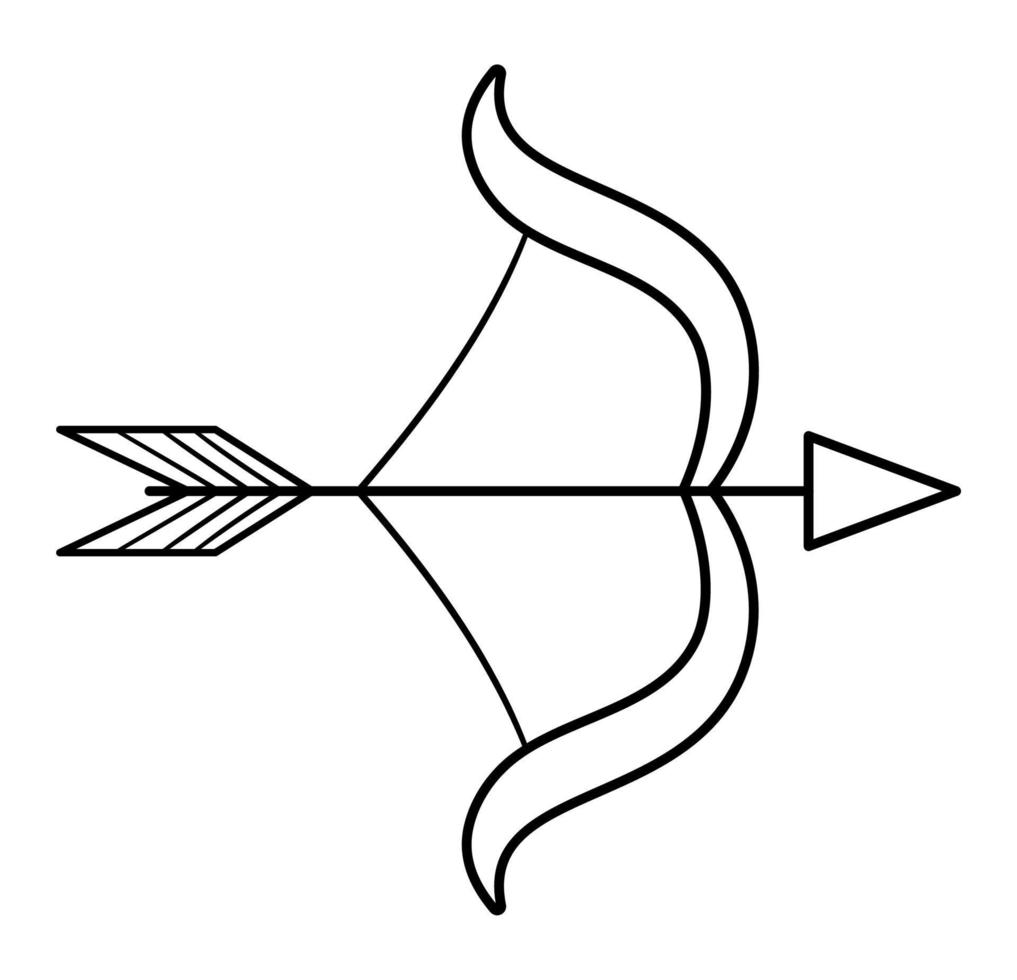Vector black and white bow with arrow icon. Fairy tale line knight armor. Fairytale soldier sword coloring page. Cartoon medieval weapon illustration.