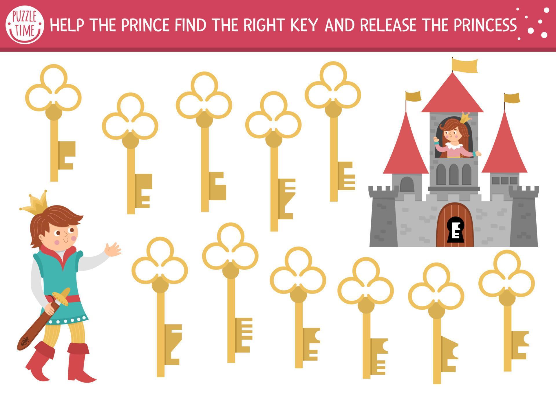 Find the right key to release princess. Fairytale matching activity for