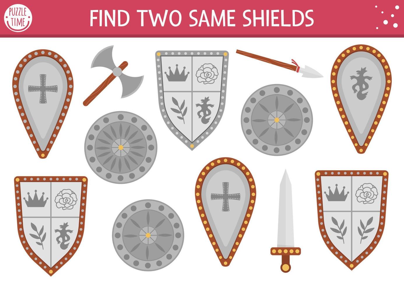 Find two same shields. Fairytale matching activity for children. Magic kingdom educational quiz worksheet for kids for attention skills. Simple printable game with knight sward or armor vector