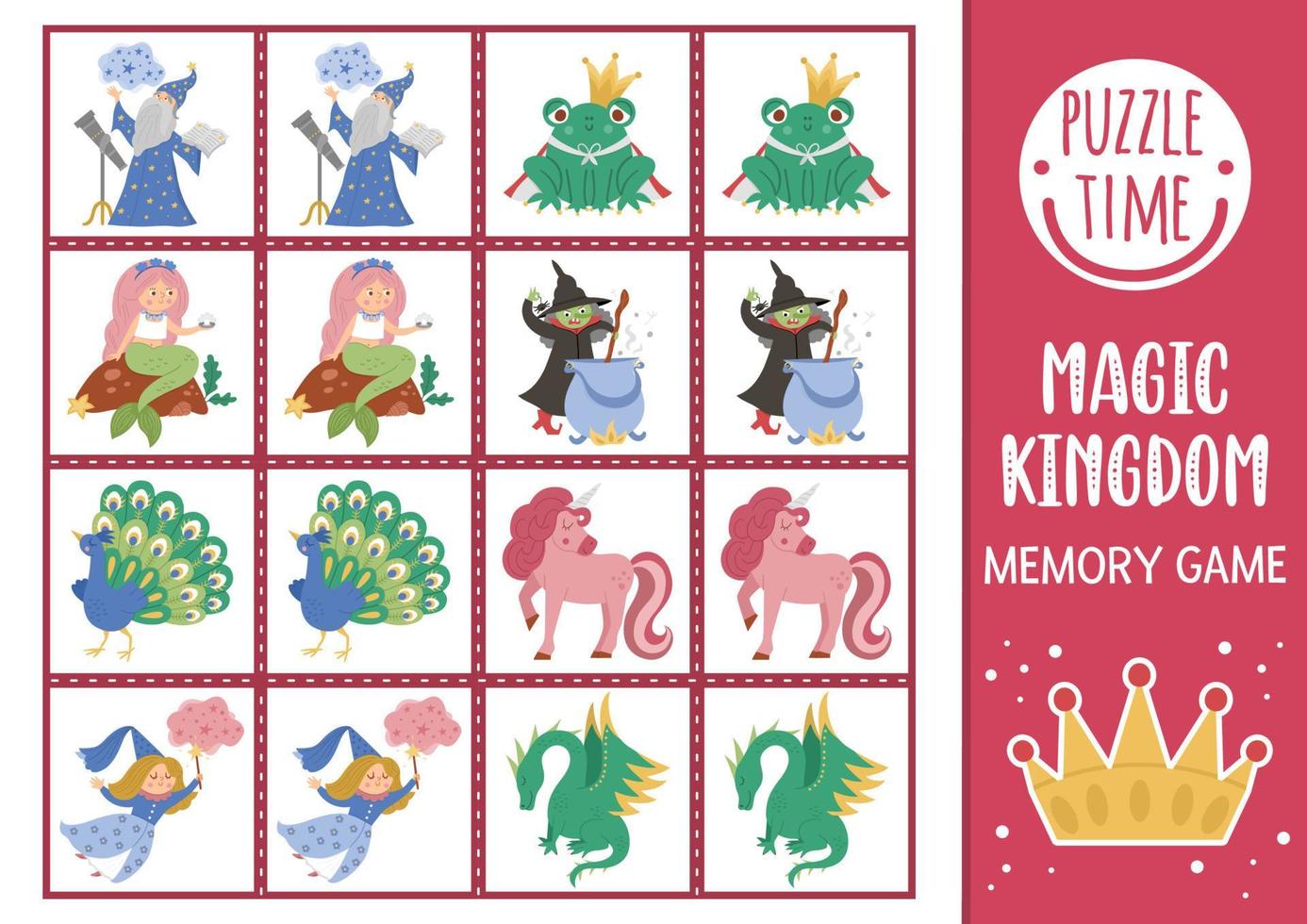 Vector Fairytale memory game cards with cute fantasy characters. Magic kingdom matching activity. Remember and find correct card. Simple printable worksheet with mermaid, witch, dragon