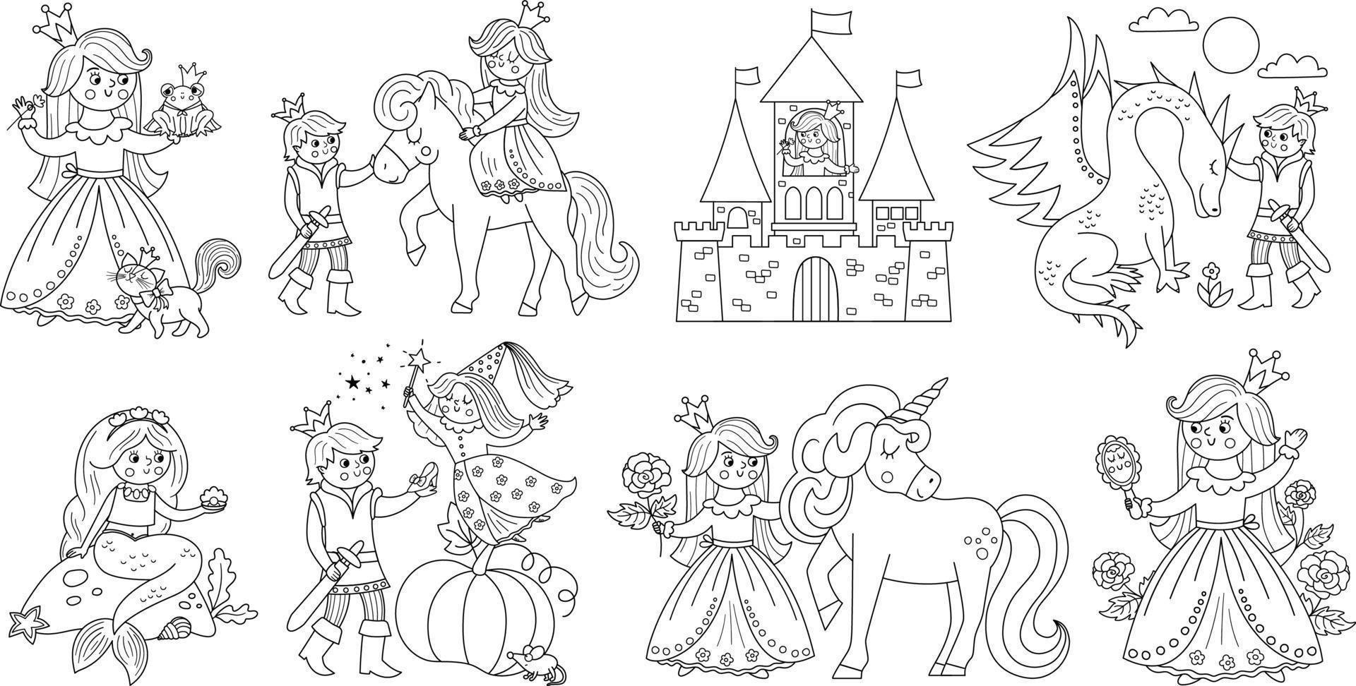 juego de princesa vectorial en blanco y negro de cuento de hadas. colección de chicas de línea de fantasía. Página para colorear de sirvienta de cuento de hadas medieval. paquete de íconos mágicos de dibujos animados femeninos con la bella durmiente, el príncipe rana. vector