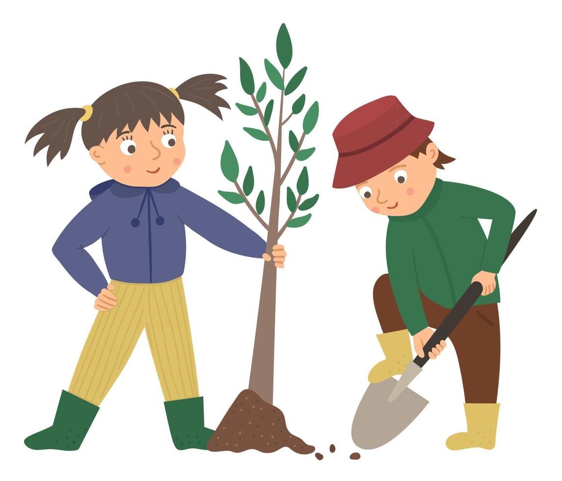 Vector illustration of children planting tree isolated on white background. Cute kids doing garden work. Boy digging ground with spade. Spring gardening activity picture with funny character.