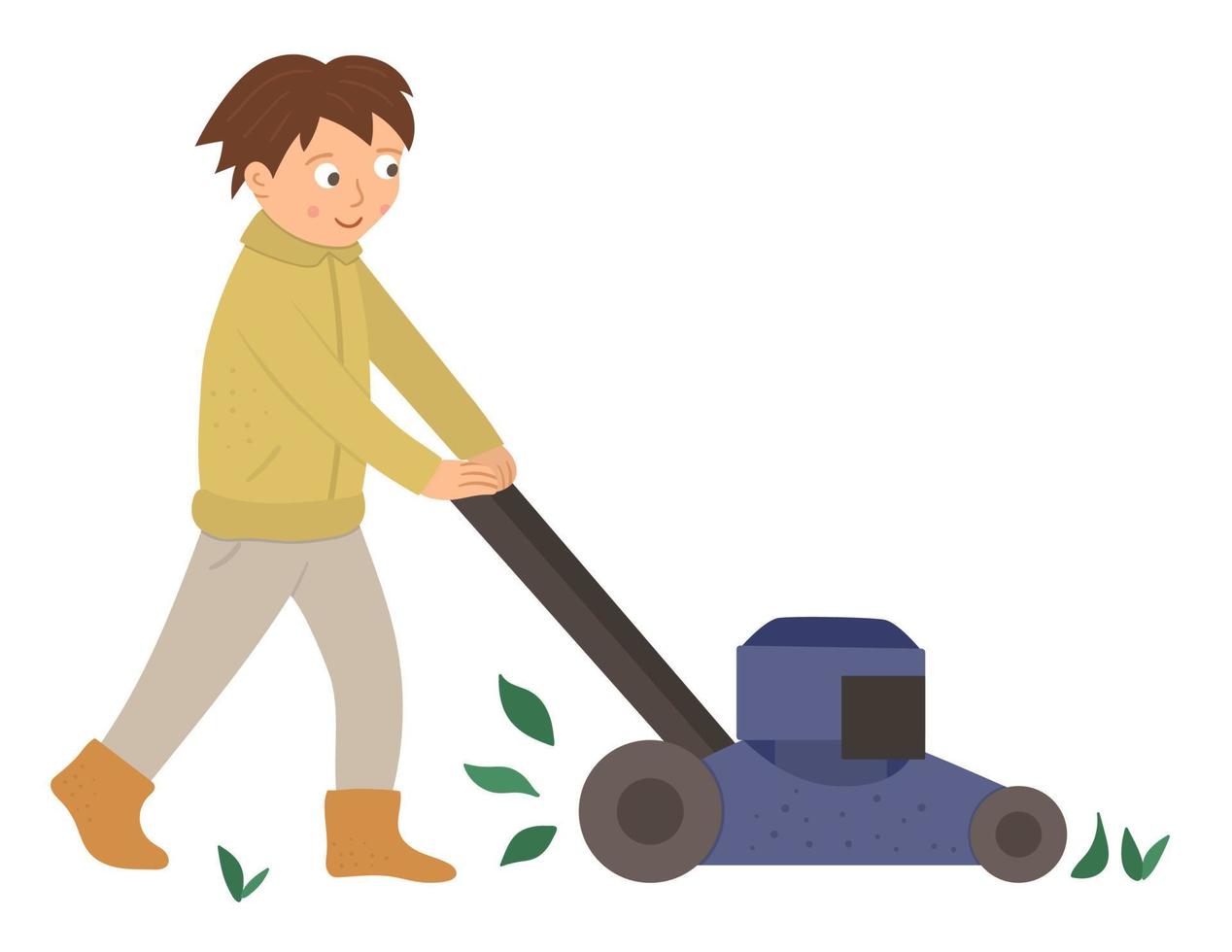 Vector illustration of a boy cutting grass with lawn mower isolated on white background. Cute kid doing garden work. Spring gardening activity picture with funny character.