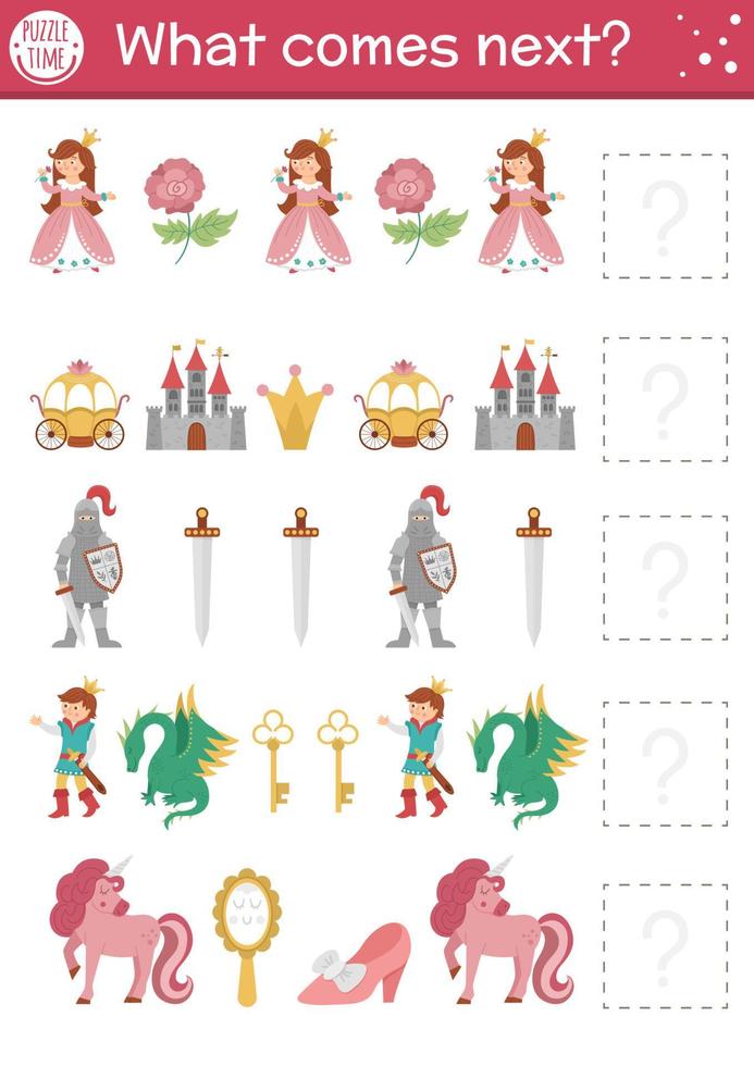 What comes next. Fairytale matching activity for preschool children with traditional fantasy symbols and characters. Funny magic kingdom puzzle. Fall logical worksheet. Continue the row game. vector