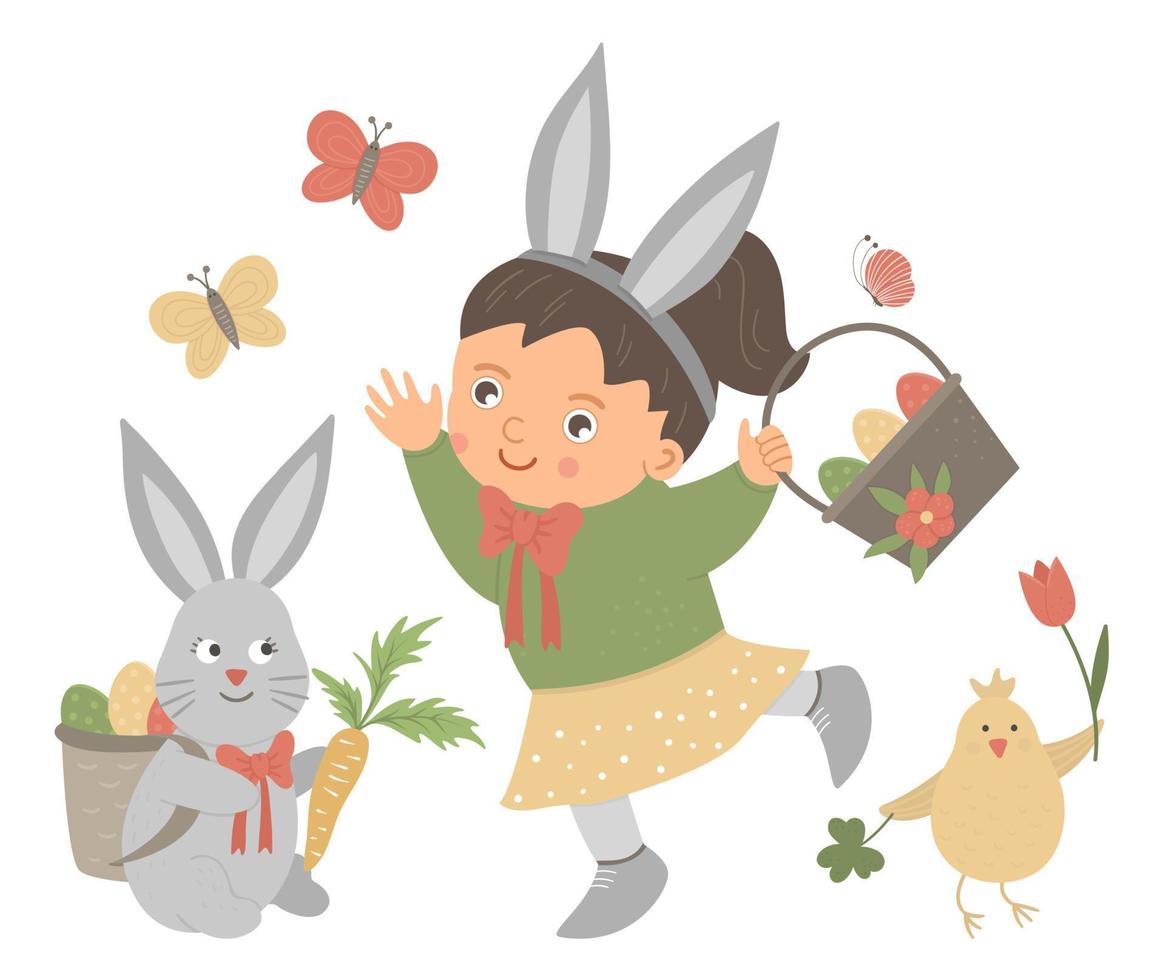 Vector flat funny girl with rabbit ears, basket with eggs, bunny, chicken and butterfly. Cute Easter illustration. Spring holiday picture isolated on white background