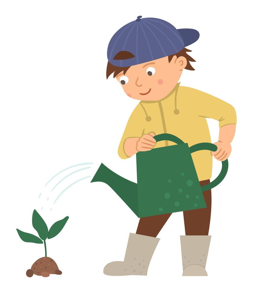 Vector illustration of a boy watering plant isolated on white background. Cute kid doing garden work. Spring gardening activity picture with funny character.