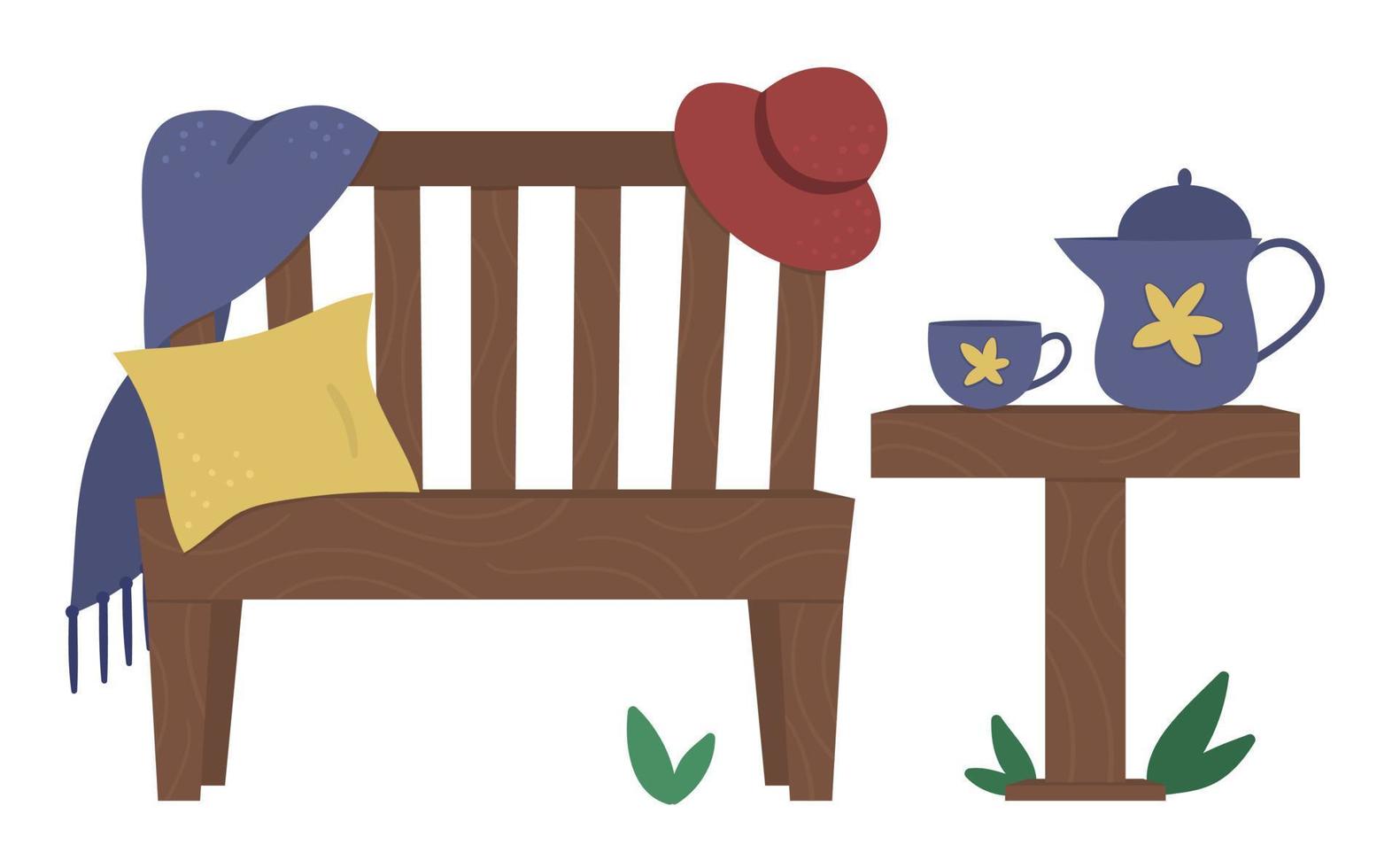 Vector illustration of garden bench with plaid, cushion, hat, table with teapot and cup. Place for rest after garden work. Post gardening relaxation picture.
