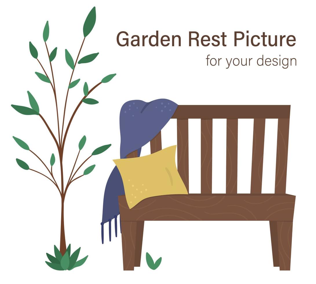 Vector illustration of garden bench with plaid, cushion, hat near the tree. Place for rest after garden work. Post gardening relaxation picture. Good for poster or card design