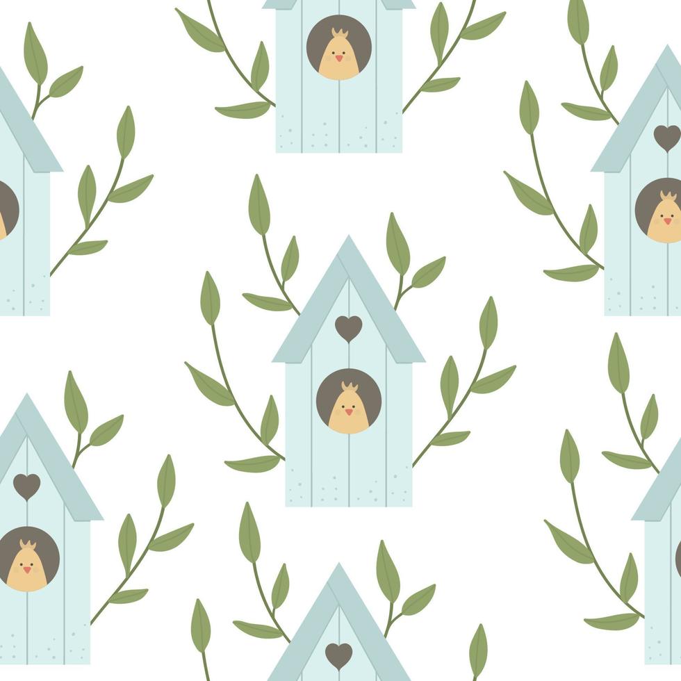 Vector seamless pattern with starling-house with leaves, tree branches and chick inside. Bird house background. Spring digital paper
