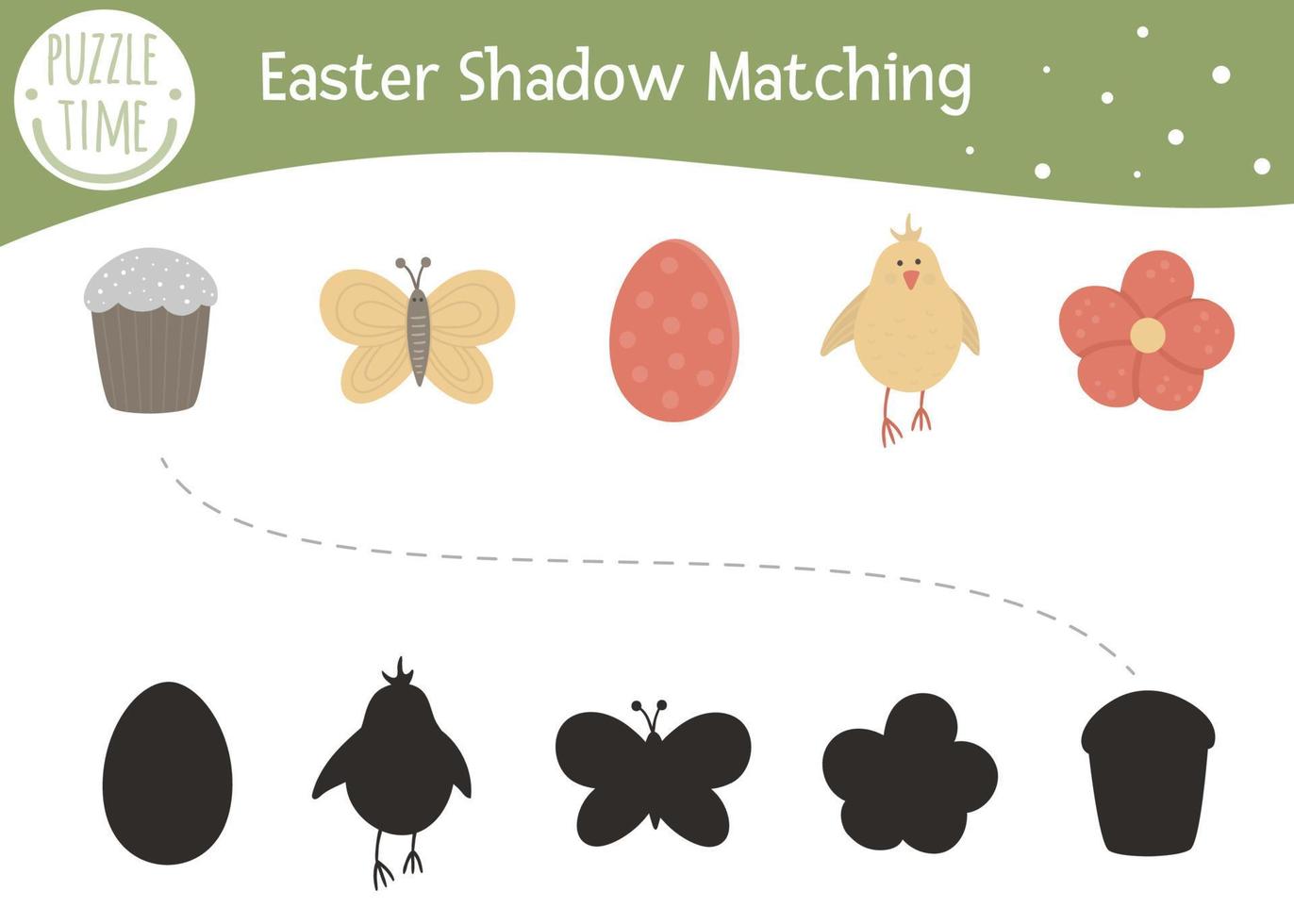 Easter shadow matching activity for children. Preschool Christian holiday puzzle. Cute spring educational riddle. Find the correct silhouette game. vector
