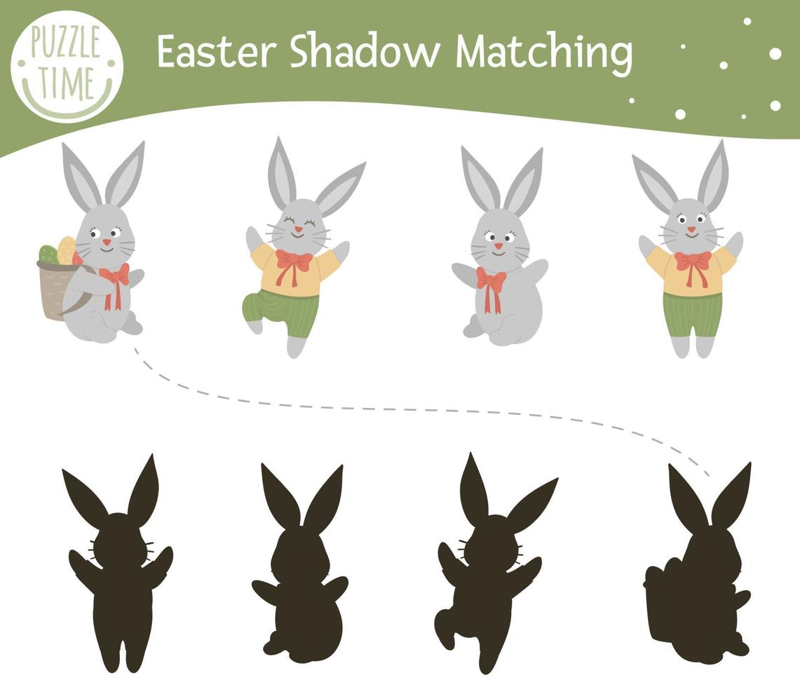 Easter shadow matching activity for children. Preschool Christian holiday puzzle. Cute spring educational riddle. Find the correct bunny silhouette game. vector