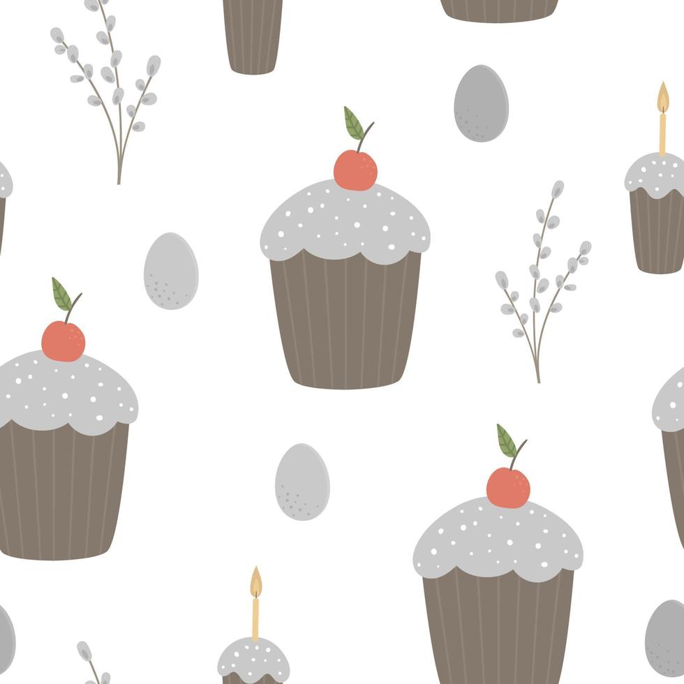 Vector seamless pattern with Easter cakes, candle and pussy willow isolated on white background. Background with traditional Christian symbol. Cute food digital paper.