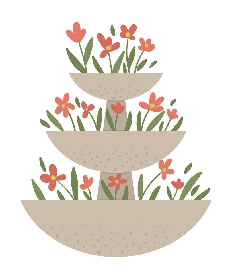 Vector illustration of stepped flower bed. Garden decorative stone flowerbed. Beautiful spring and summer herbs, plants and flowers.