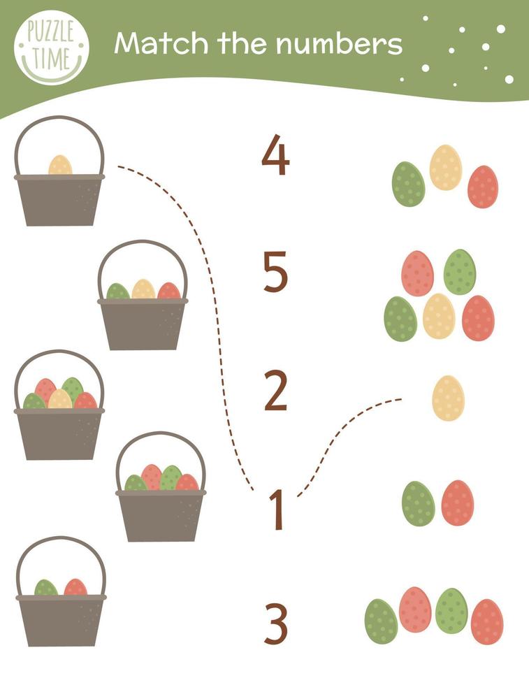 Matching game with baskets and colored eggs. Easter math activity for preschool children. Spring counting worksheet. Educational riddle with cute funny elements. vector