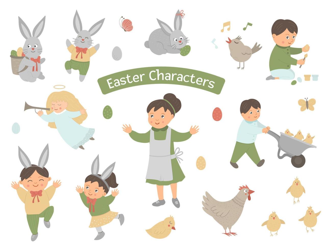 Collection of Easter characters. Vector set with cute bunny, children, colored eggs, chirping bird, chicks, angel. Spring funny illustration.