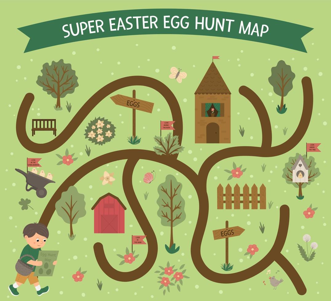 mapa de búsqueda de huevos de pascua. conjunto de elementos de dibujos animados de primavera plana. escena de jardín vectorial con linda casa, valla, huevos de colores, pollo, granero. vector