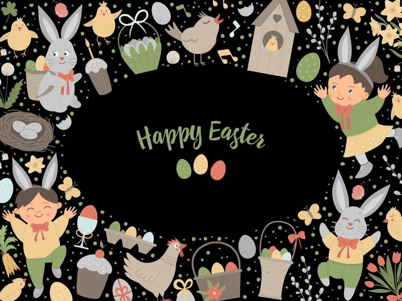 borde de marco de diseño horizontal de pascua vectorial con conejito, huevos y niños felices aislados en fondo blanco. banner de vacaciones cristianas o invitación con lugar para texto. linda plantilla de tarjeta de primavera. vector