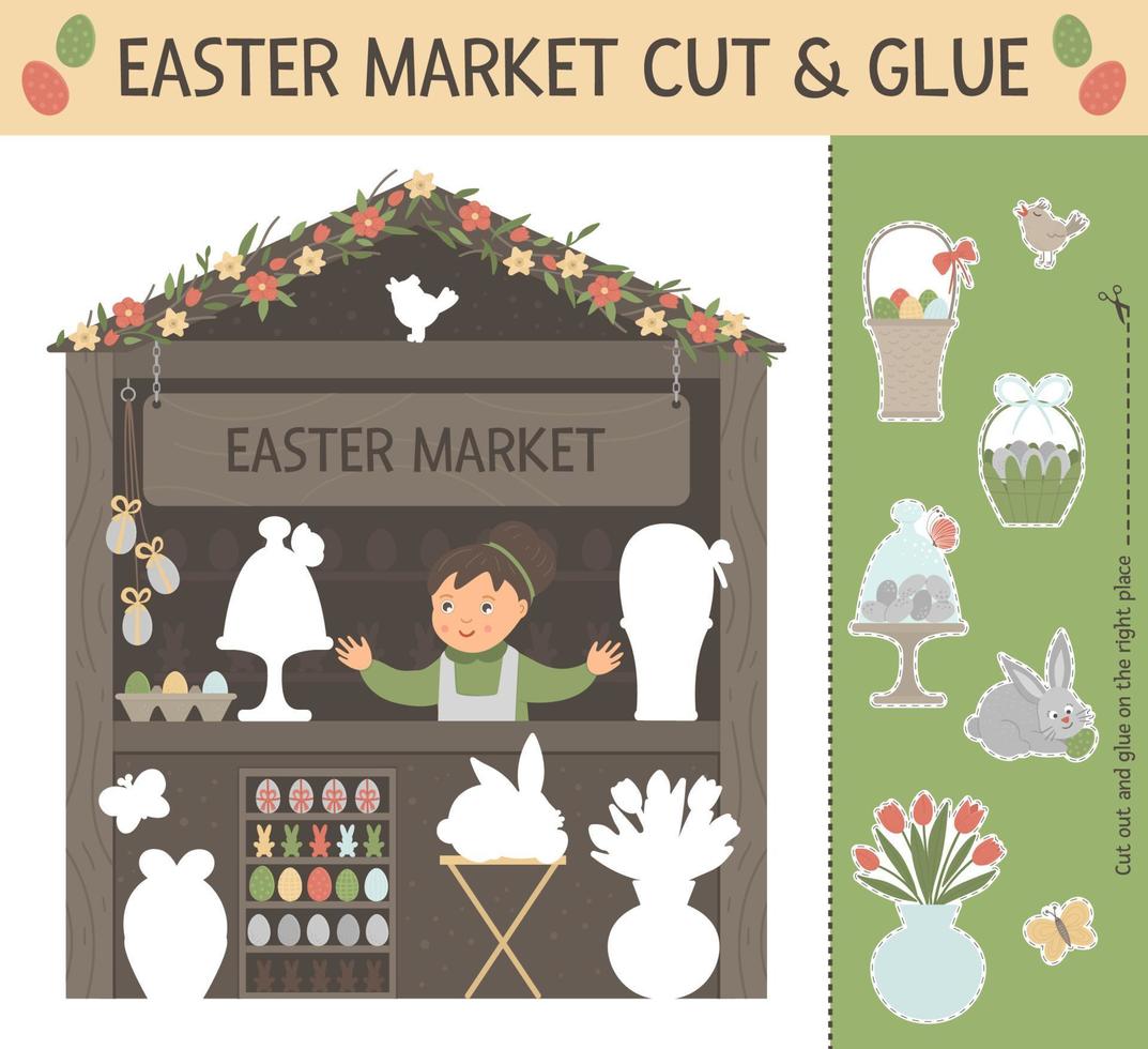 Vector Easter market cut and glue for children. Spring holiday educational activity with smiling saleswoman, bunny, bird, colored eggs in basket