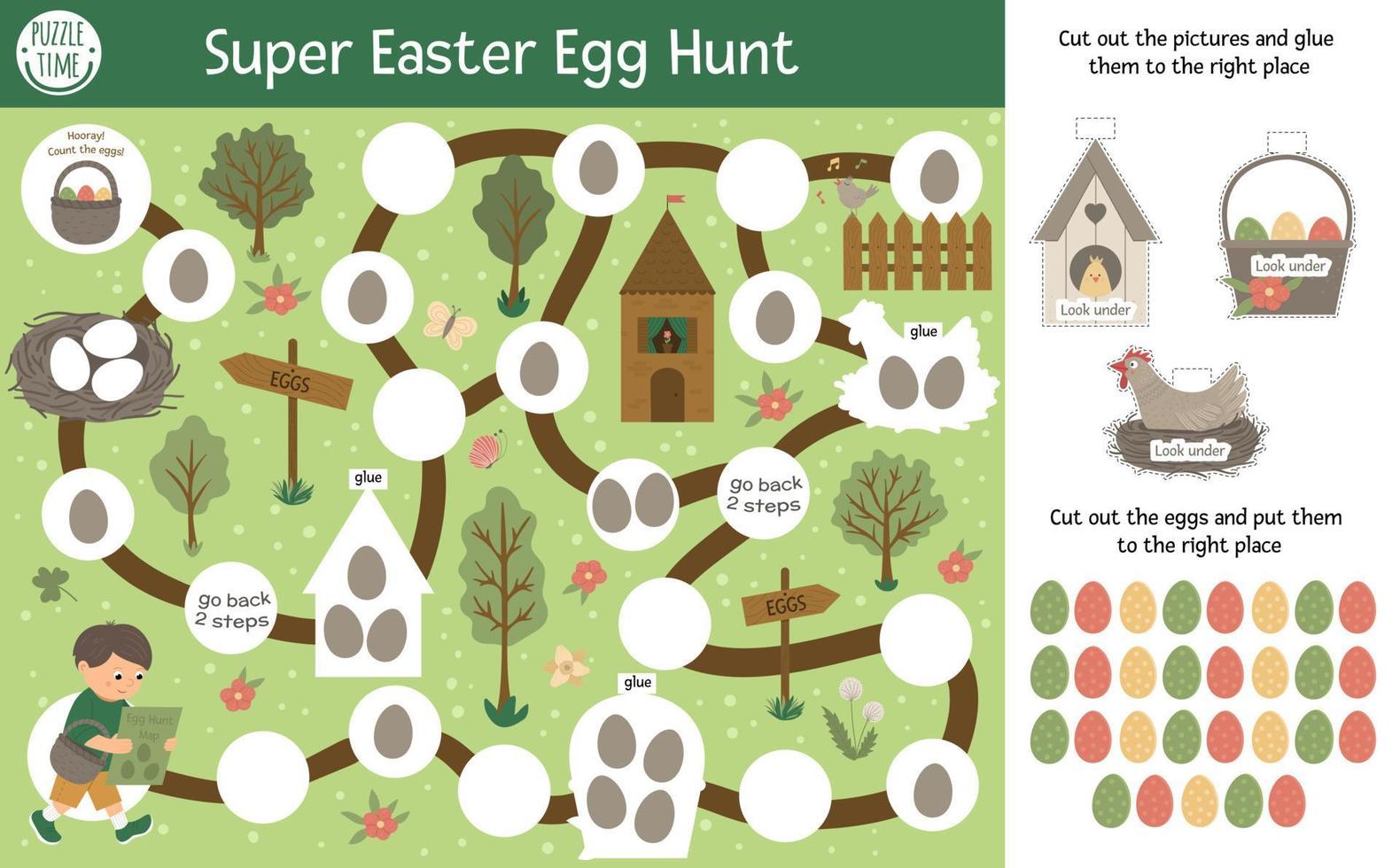 Easter adventure egg hunt board game for children with cute characters and traditional symbols. Educational spring holiday boardgame. Super fun activity with cut and glue elements. vector