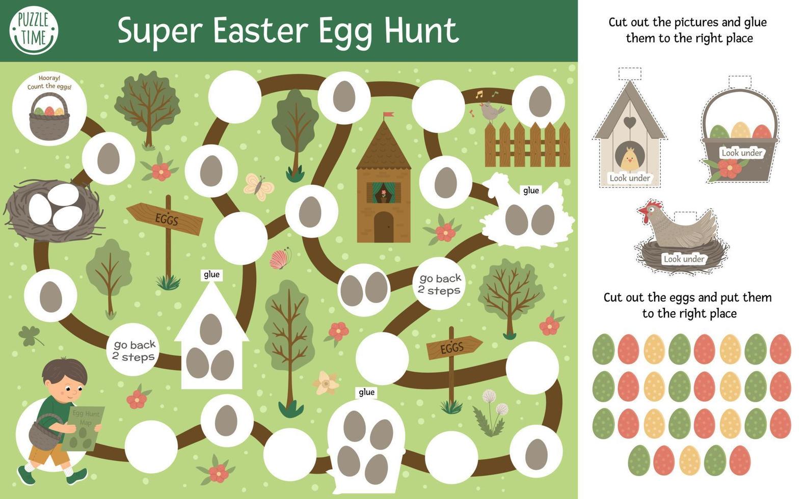 juego de mesa de búsqueda de huevos de aventura de pascua para niños con personajes lindos y símbolos tradicionales. juego de mesa educativo de vacaciones de primavera. actividad súper divertida con elementos de corte y pegamento. vector