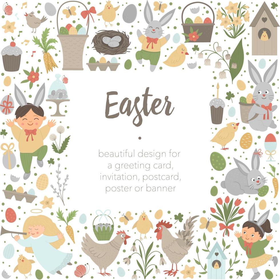 borde de marco de diseño cuadrado vectorial de pascua con conejito, huevos y niños felices aislados en fondo blanco. banner de vacaciones cristianas o invitación con lugar para texto. linda plantilla de tarjeta de primavera. vector