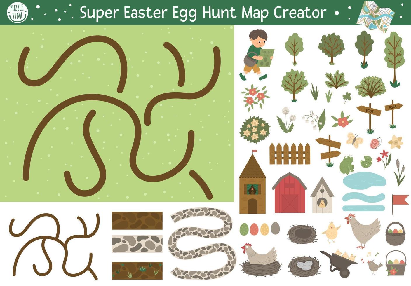 Easter egg hunt map creator. Set of flat cartoon elements for