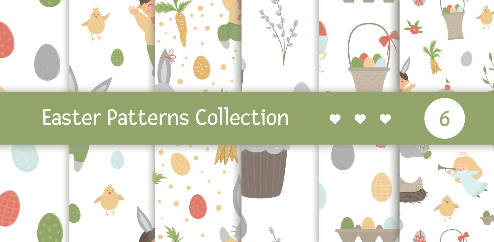 Vectors set of seamless patterns with design elements for Easter. Repeat backgrounds with cute bunny, children, colored eggs, chirping bird, chicks, baskets. Spring funny digital paper pack.