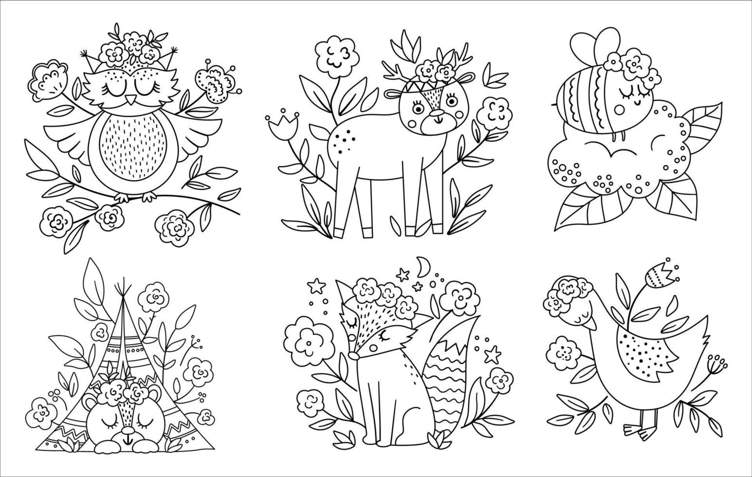 Vector black and white woodland animals, insects and birds collection. Boho outline forest compositions or coloring pages. Bohemian line fox, owl, bear, deer, goose with flowers on heads.