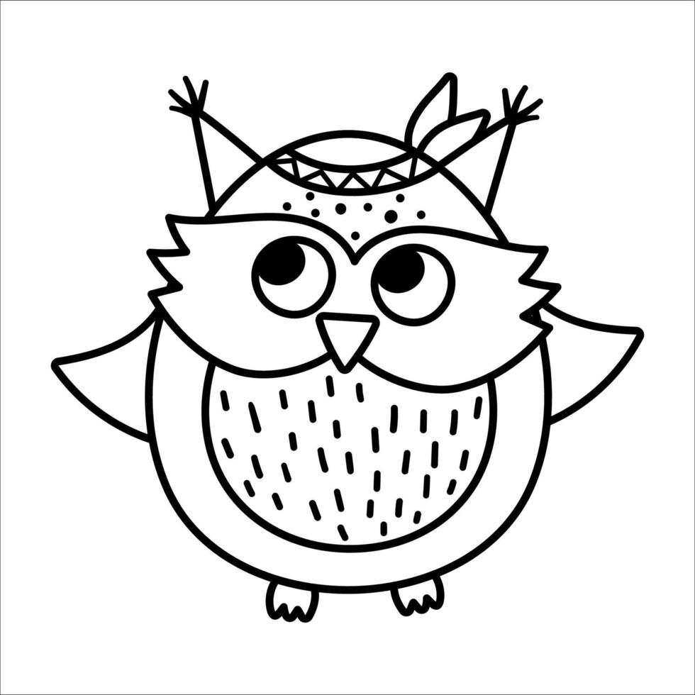 Vector black and white hand drawn baby owl. Cute little woodland bird line icon isolated on white background. Sweet boho forest illustration or coloring page.