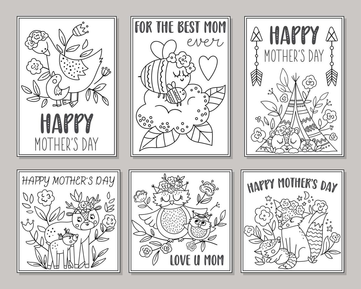 Collection of vector black and white Mothers Day cards with cute boho animals. Pre-made designs or coloring pages with woodland baby insects and birds with mothers. Bohemian style posters