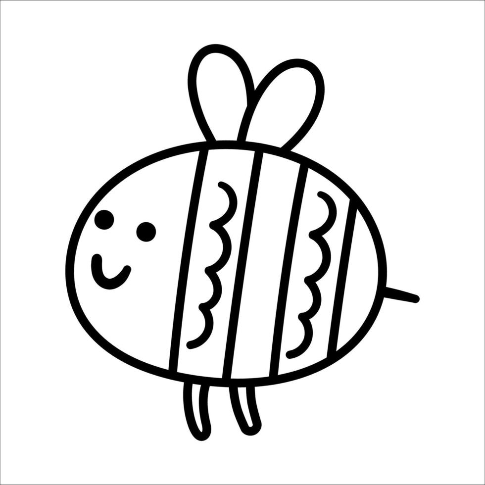 Vector black and white hand drawn baby bumblebee. Cute little woodland insect line icon isolated on white background. Sweet forest bee illustration or coloring page.