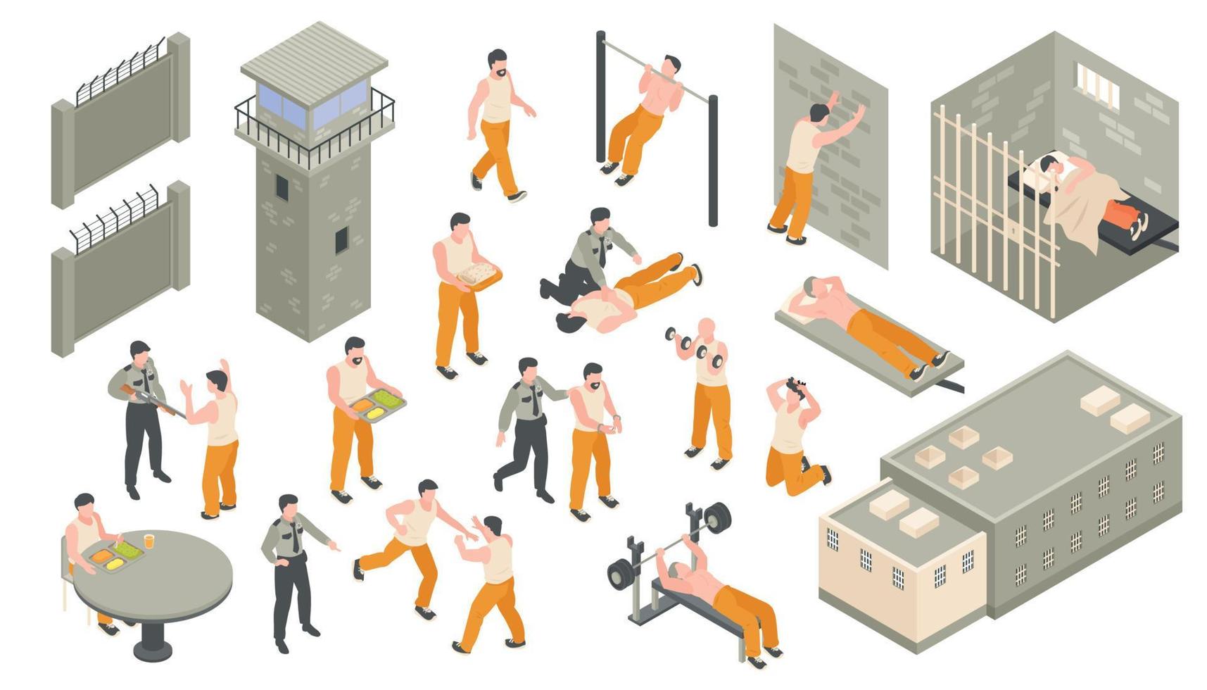 Prison Isometric Color Set vector